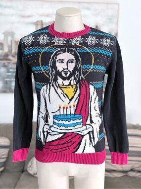 Ugly Christmas Sweater- Jesus Birthday Holiday Sweater, Black and Red